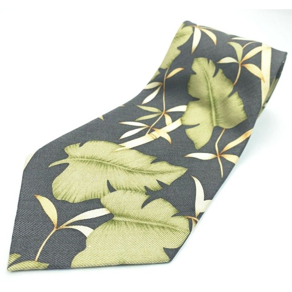 TOMMY BAHAMA Tie Gray Green Leaves Bamboo 100% Silk Hand Made Mens Necktie - Picture 3 of 11